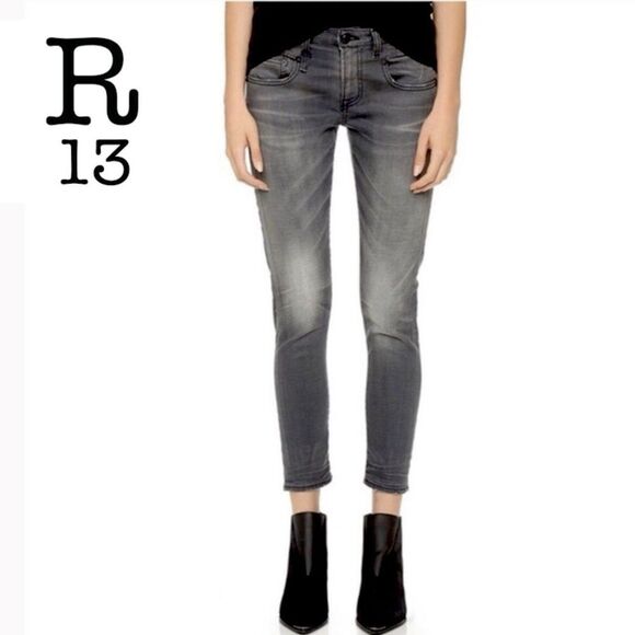 R13 Boy Skinny Jeans Slate Grey Vintage Ankle Factory whiskering Women’s Size 27 - Picture 1 of 12